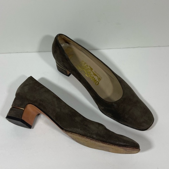 Salvatore Ferragamo Brown Suede Pump Women's Block Heel 6.5 - Picture 4 of 12